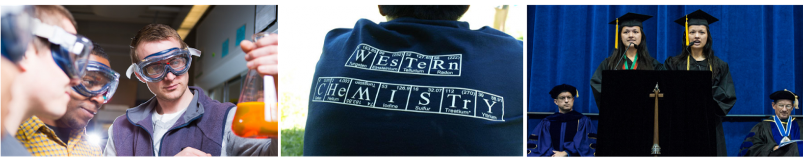 Photo compilation 1: Dr. Gilbertson with students in lab holding glassware 2: students back wearing western chemistry shirt 3: students speaking at graduation
