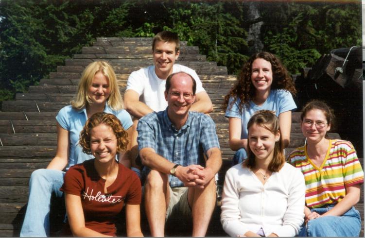 2001-2002 group photo outside on wood pyramid 