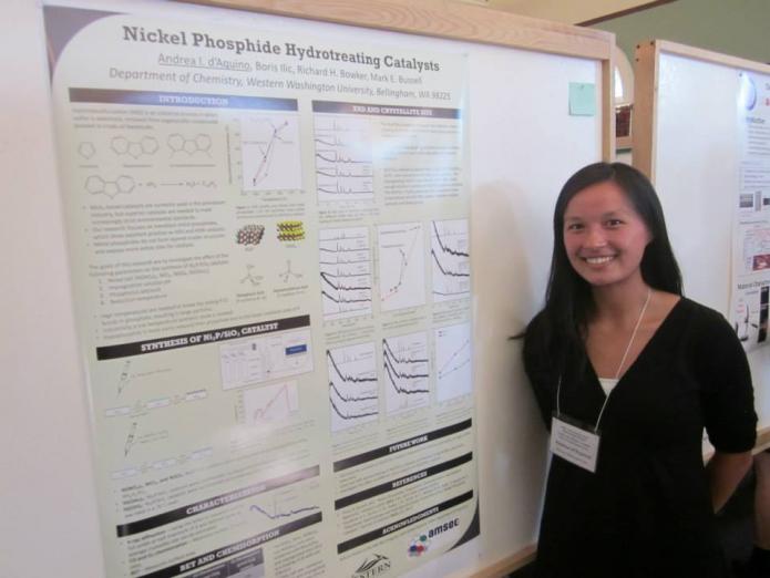 Student stands in front of poster at conference