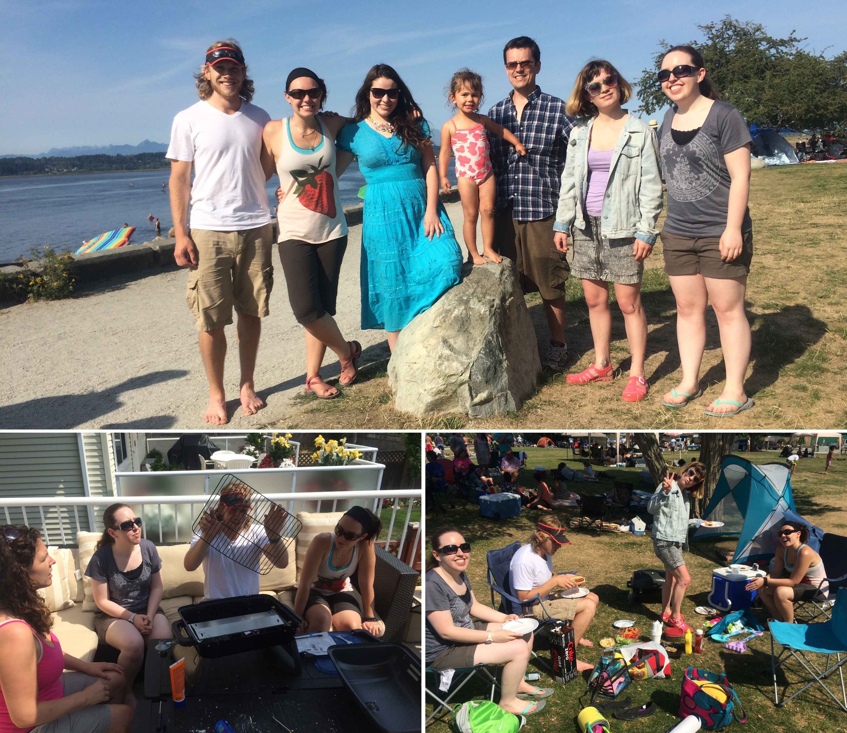 A group of students and a young child pose on the beach at the Rider Group BBQ in 2015