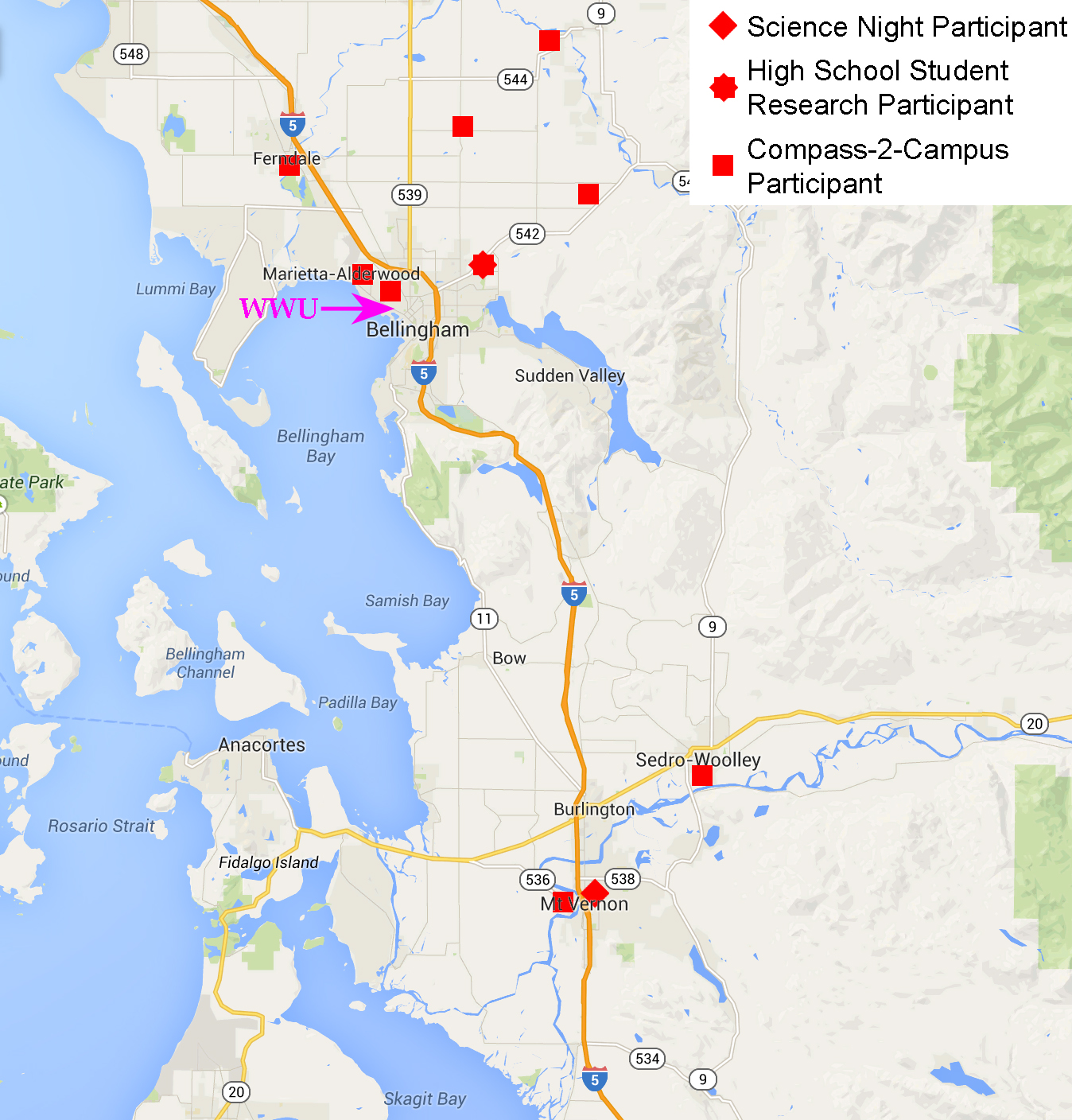a map of the north Puget Sound with dots indicating Compass 2 Campus participants and partners across Bellingham and in Mount Vernon