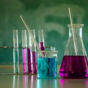 Chemistry glassware with colored liquids
