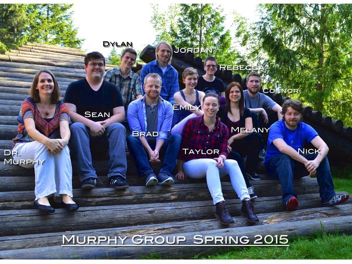 A group of students and Amanda Murphy sit on a wooden sculpture, smiling at the camera. The photo is labeled "Murphy Group Spring 2015"