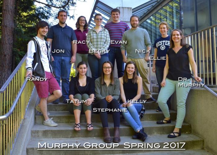 A group of students and Amanda Murphy pose on concrete steps. The photo is labeled "Murphy Group Spring 2017"